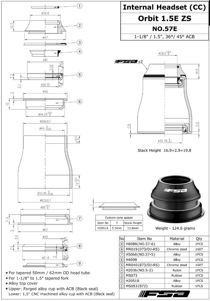 FSA Orbit 1.5E ZS Avsmalnande Styrlager