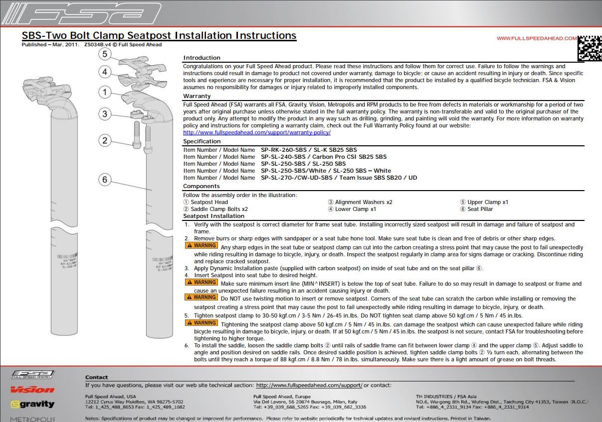 FSA SL-K SBS SB20 Sadelstolpe